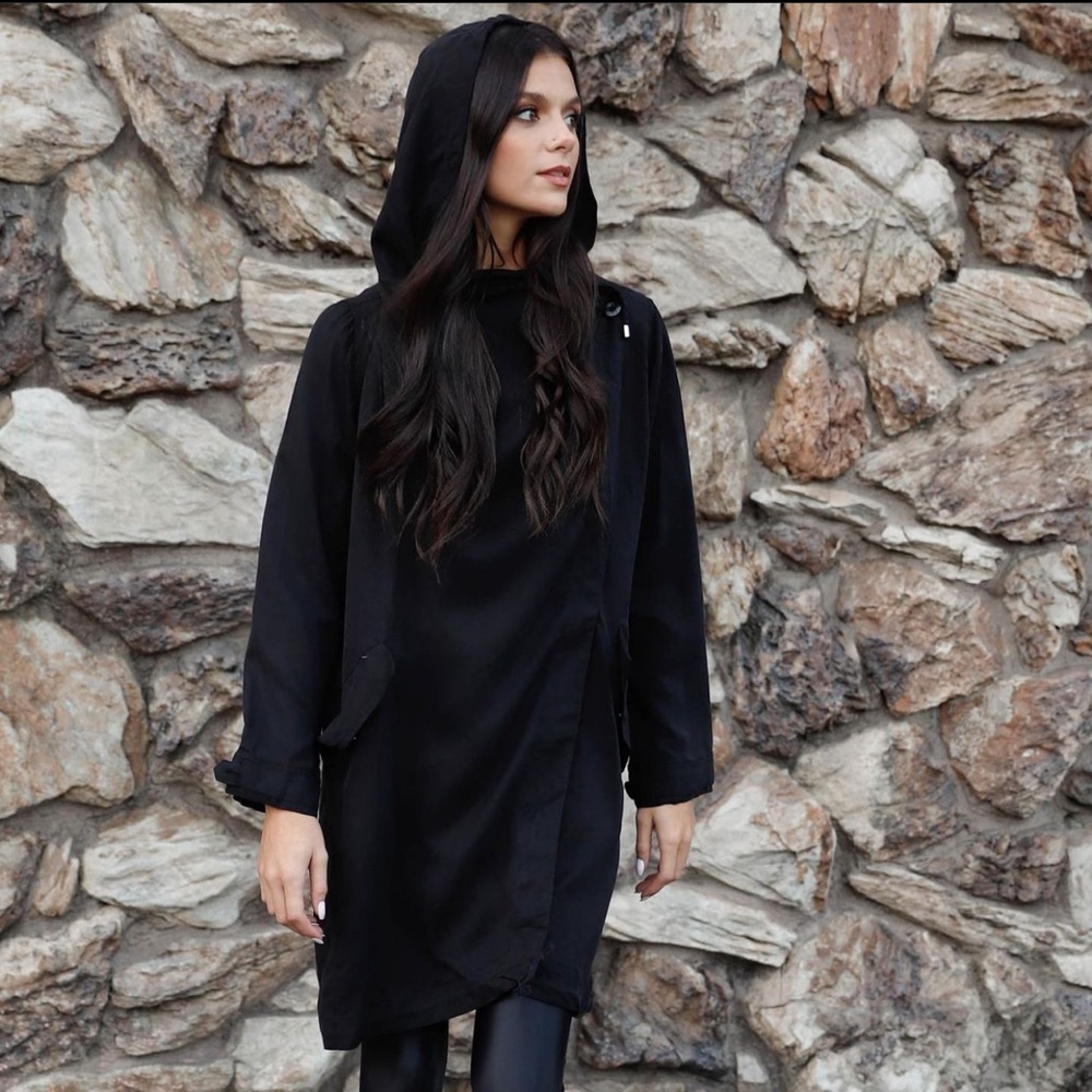 NEW Black Asymmetrical Draped Zip Up Wide Lapel Collar Hooded Jacket